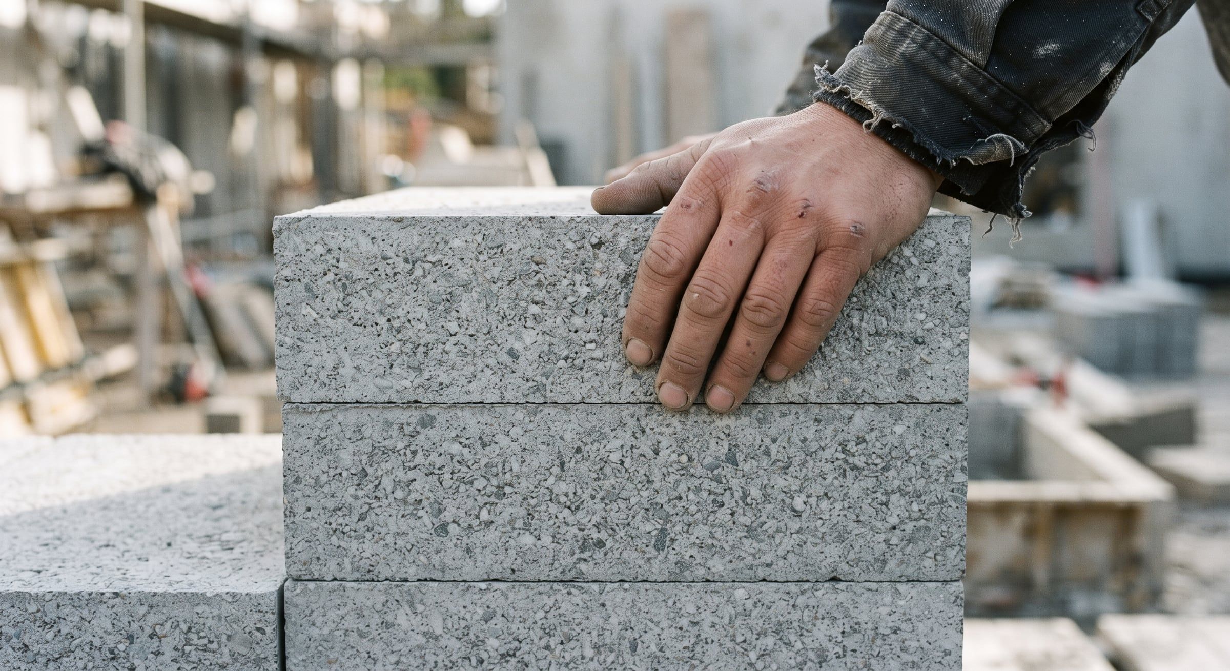 Hånd på en grå byggesten med synlige korn af knust beton.