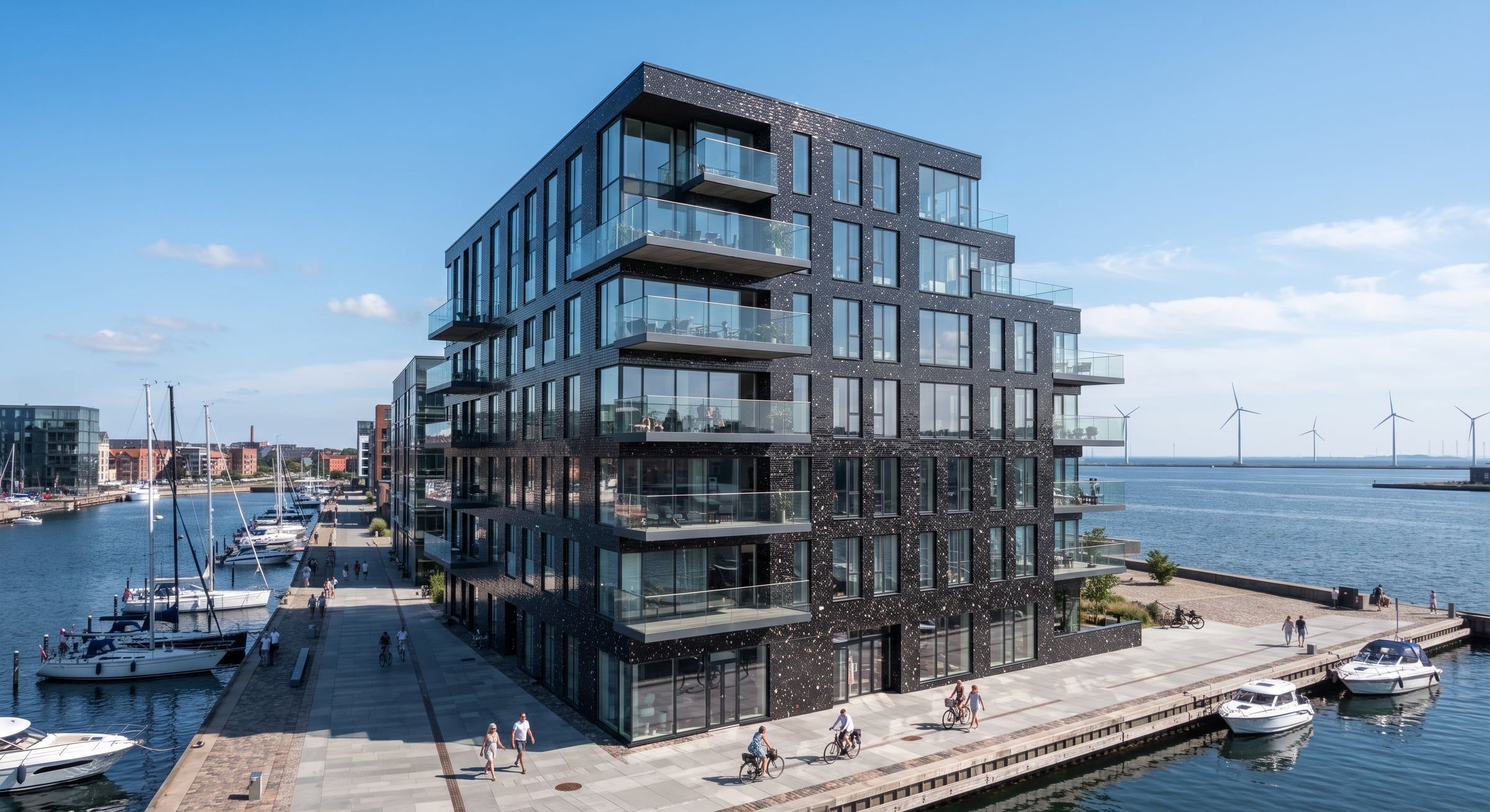 Etagebyggeri ved en havnefront med facade af sorte sten, hvor lyse og røde korn af genbrugsmateriale glimter i solen.